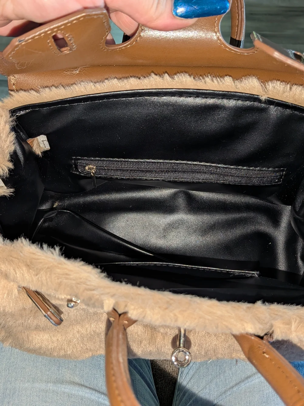 Source Unknown Brown Faux Fur Tote with Smiley Face and Leather-Look Trim